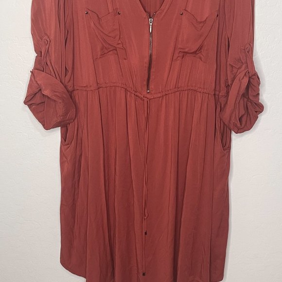 *SOLD* Torrid Challis Drawstring Shirt Dress Brick Red with Pockets 3 3X 22/24 - Picture 4 of 7